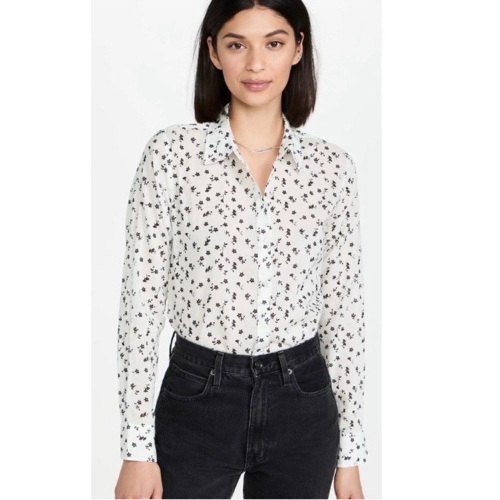 NILI LOTAN White Black Floral Libby Long Sleeve Cotton Shirt Size XS